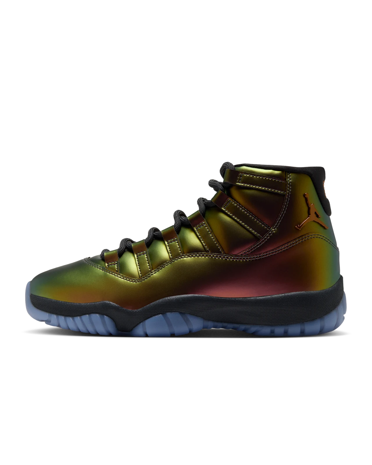 Women's Air Jordan 11 Magic Ball side profile — iridescent color-shifting upper, black midsole and metallic Jumpman