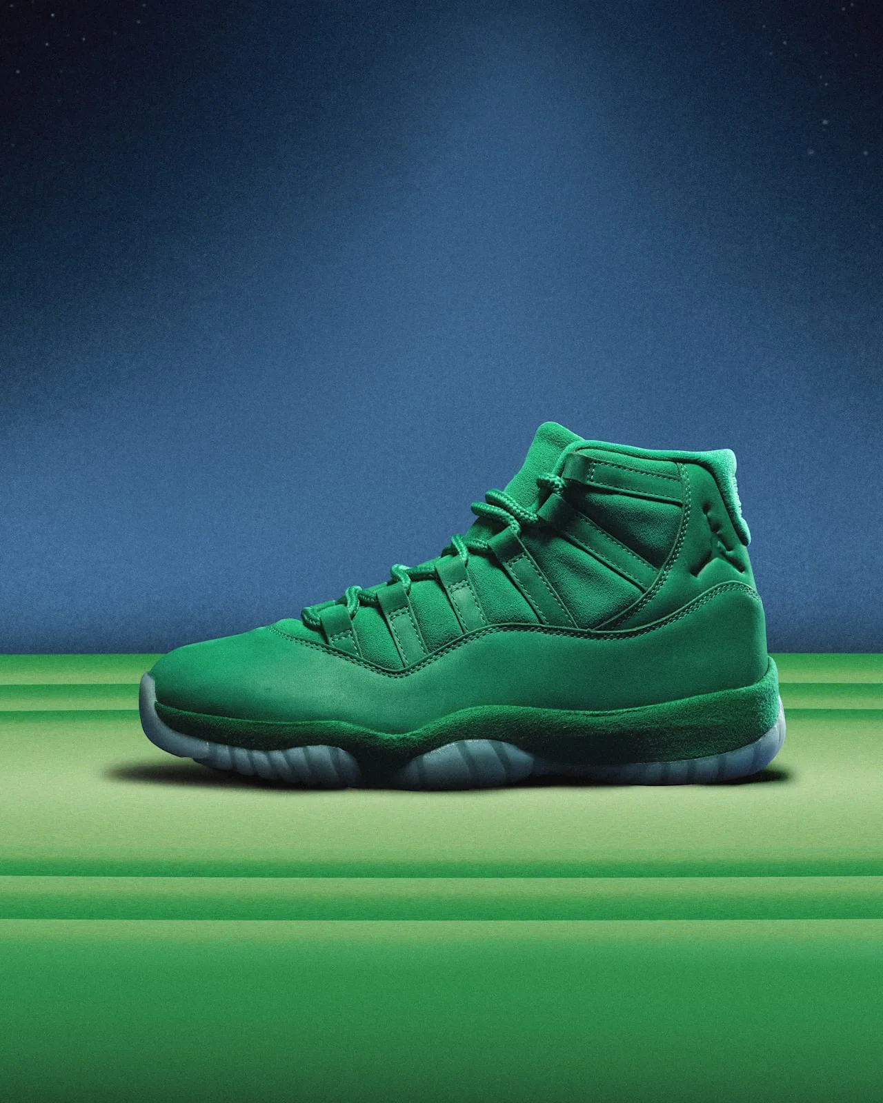 Air Jordan 11 Green Screen side profile — all-green suede upper on a green screen stage set under a starry backdrop