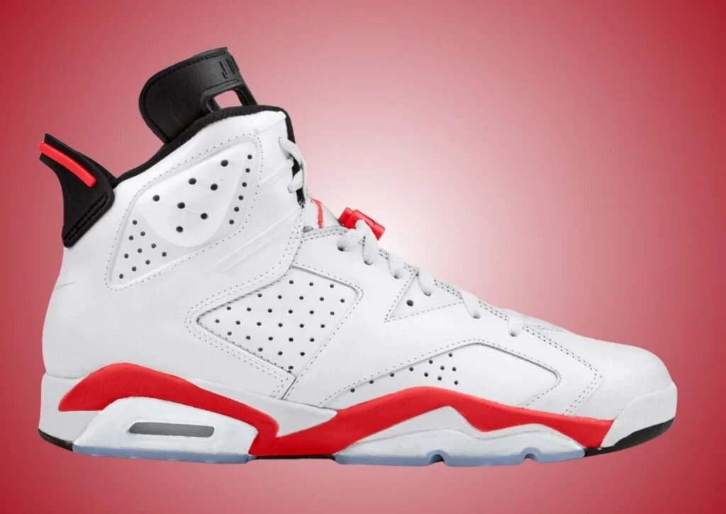 Air Jordan 6 White Infrared side profile — white leather upper with infrared red midsole accents and black heel tab