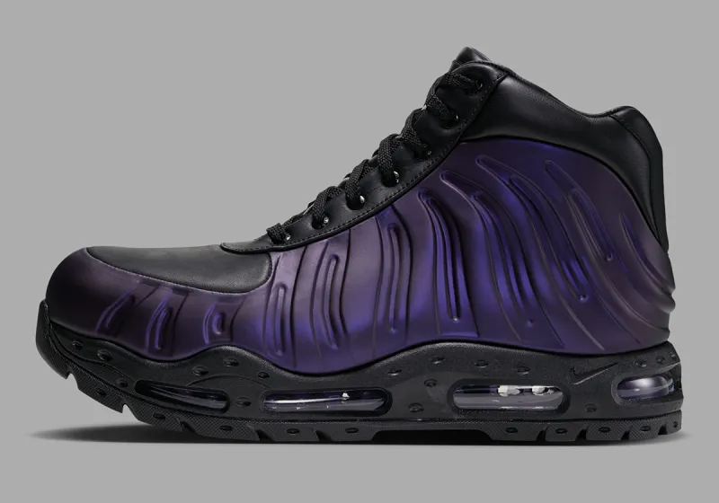Nike Air Max Foamdome Eggplant side profile — molded eggplant-purple Foamposite upper on a black boot sole with visible Air units