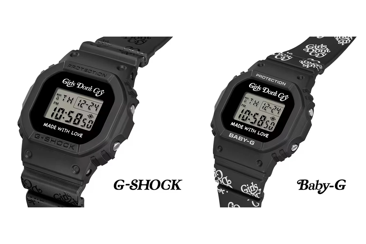 G-SHOCK x Girls Don't Cry LOV-26A-1 pair — black G-SHOCK DW-5600 and BABY-G BGD-565 with Girls Don't Cry logo bands and Made With Love dials