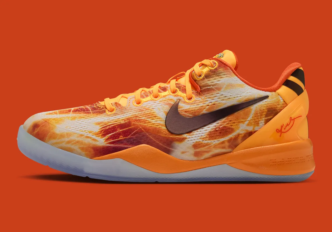 Nike Kobe 8 Protro Shanghai Fireworks side profile — Laser Orange and Safety Orange fireworks print upper with black Swoosh