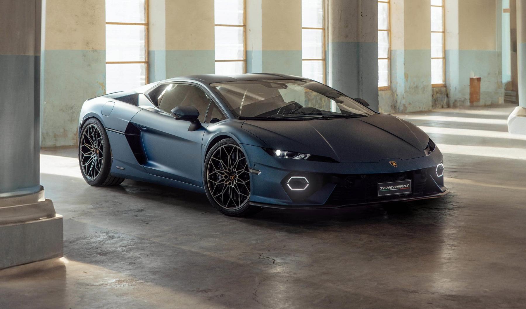 Lamborghini Temerario in matte blue inside an arched hall