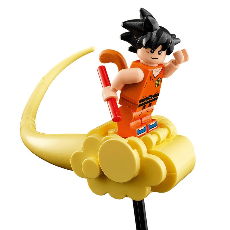 LEGO Goku minifigure riding the Flying Nimbus cloud, from the LEGO Icons Dragon Ball Shenron and Goku set 11390