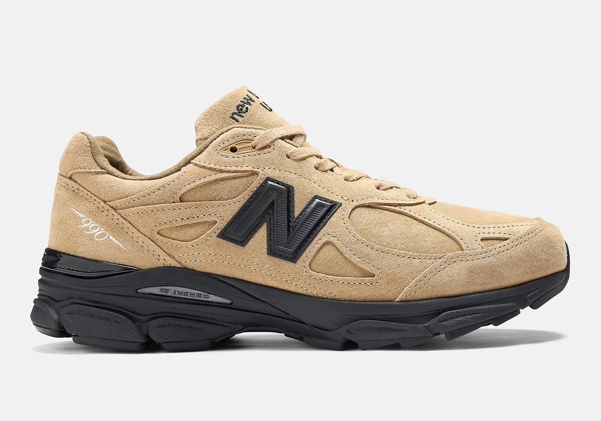 JJJJound x New Balance 990v3 Tan Black side profile on white background