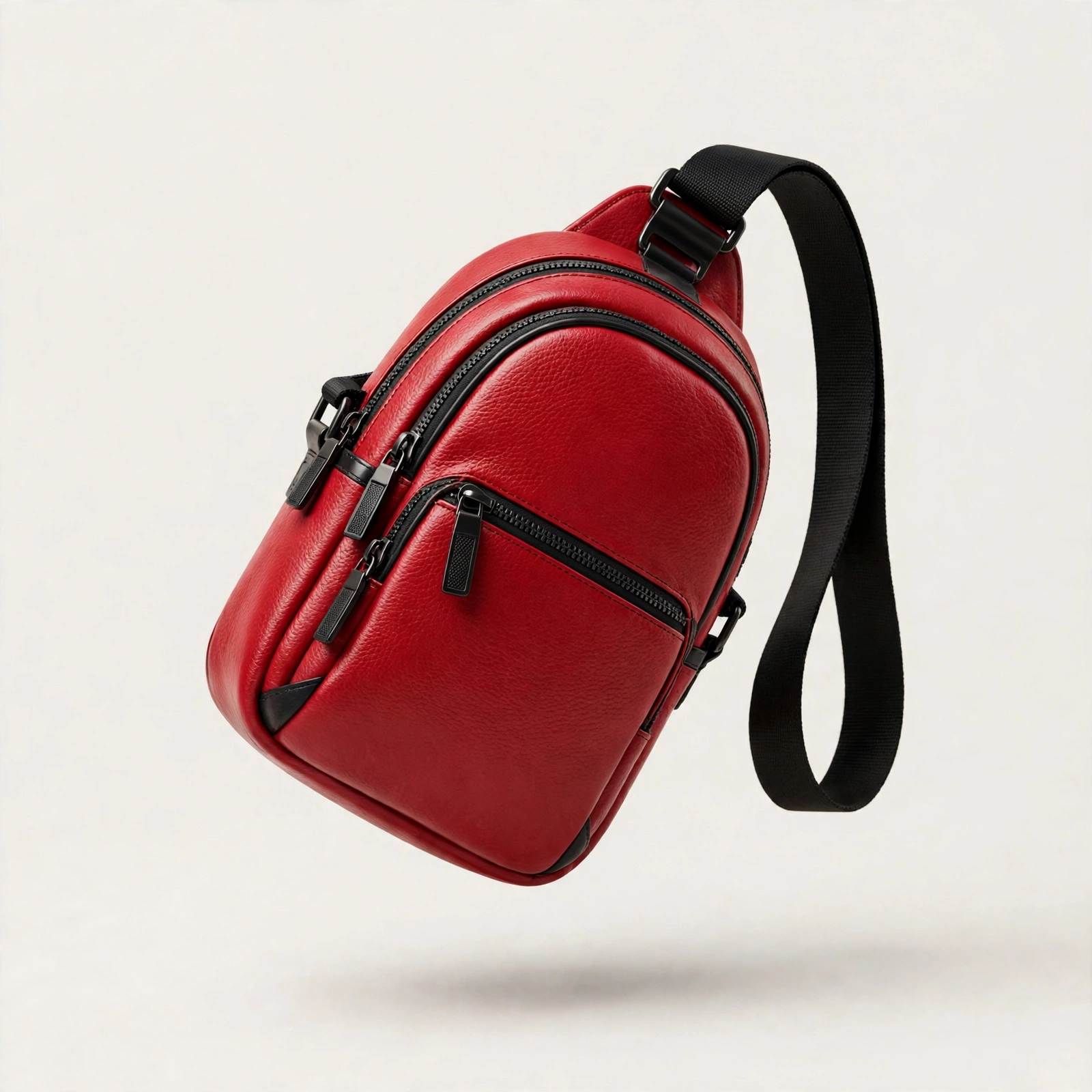 Red leather crossbody bag with black zippers and a black strap on a light background