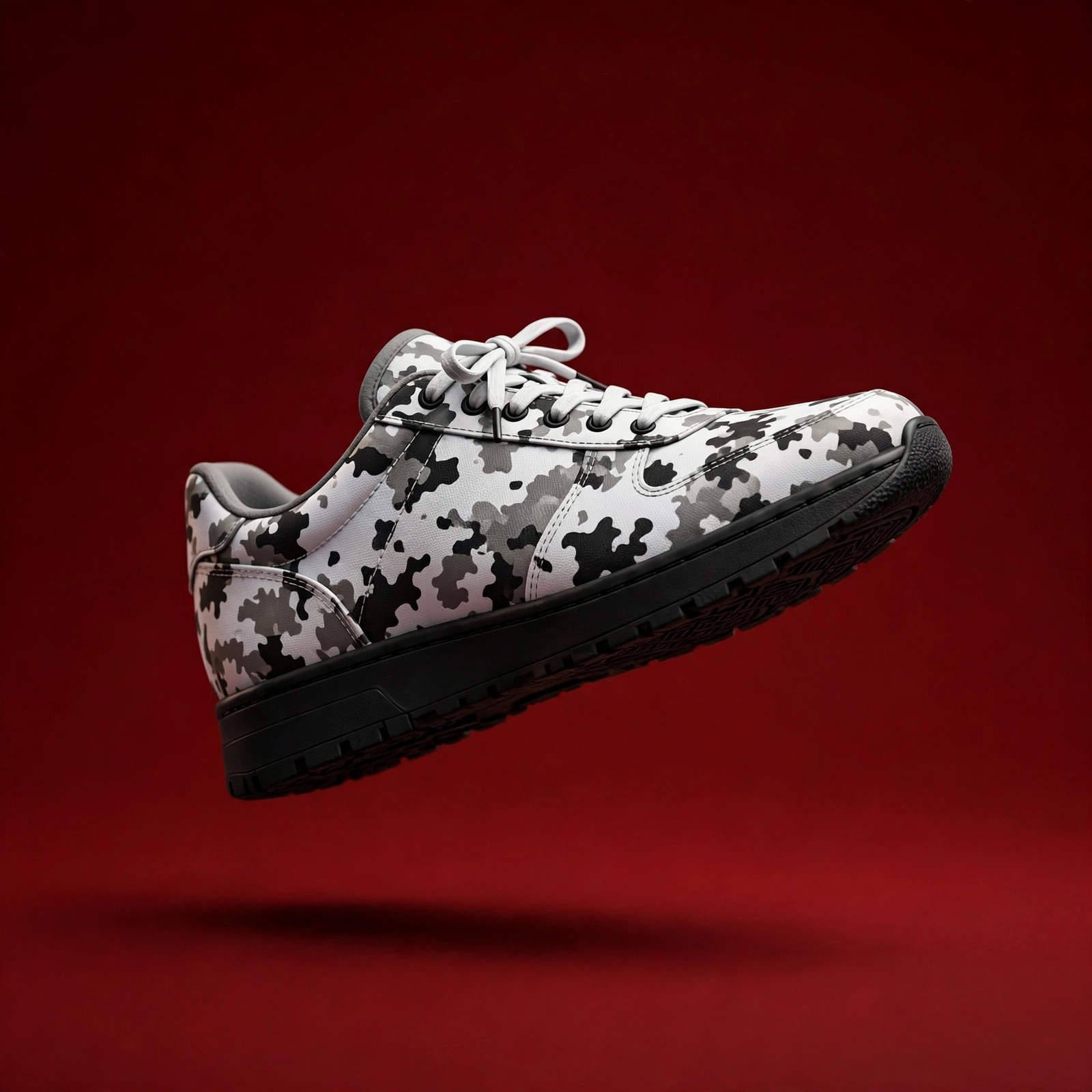 3D render of a snow camouflage sneaker floating over a studio background