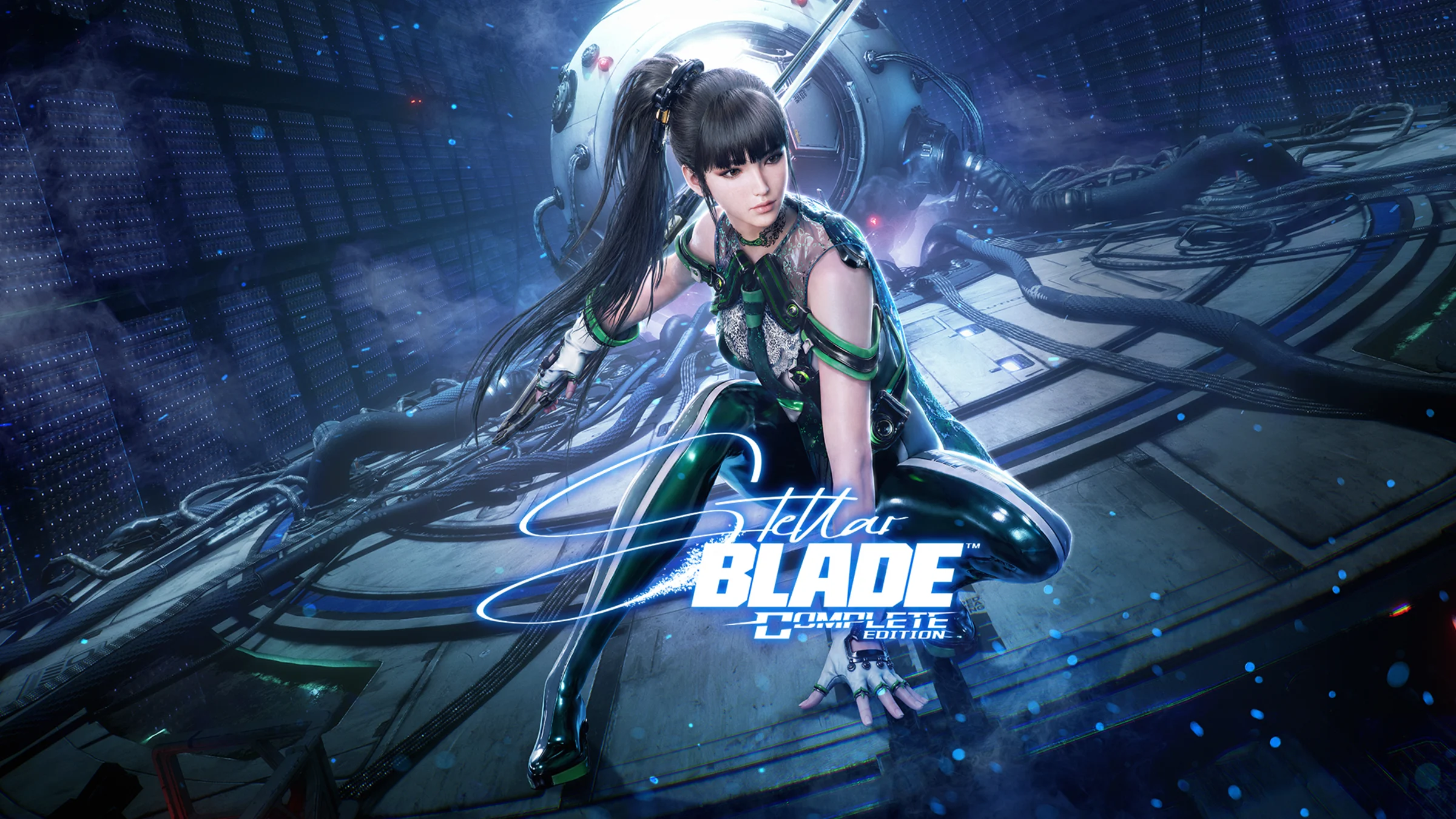 Stellar Blade Complete Edition key art — Eve crouched in a sci-fi facility with the Complete Edition logo