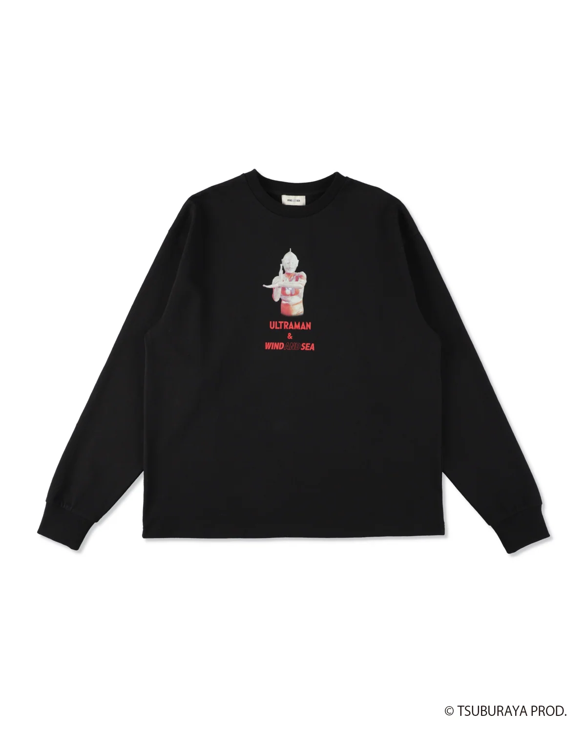 WIND AND SEA x Ultraman long-sleeve tee in black — silver-and-red Ultraman chest graphic over red ULTRAMAN & WIND AND SEA lettering