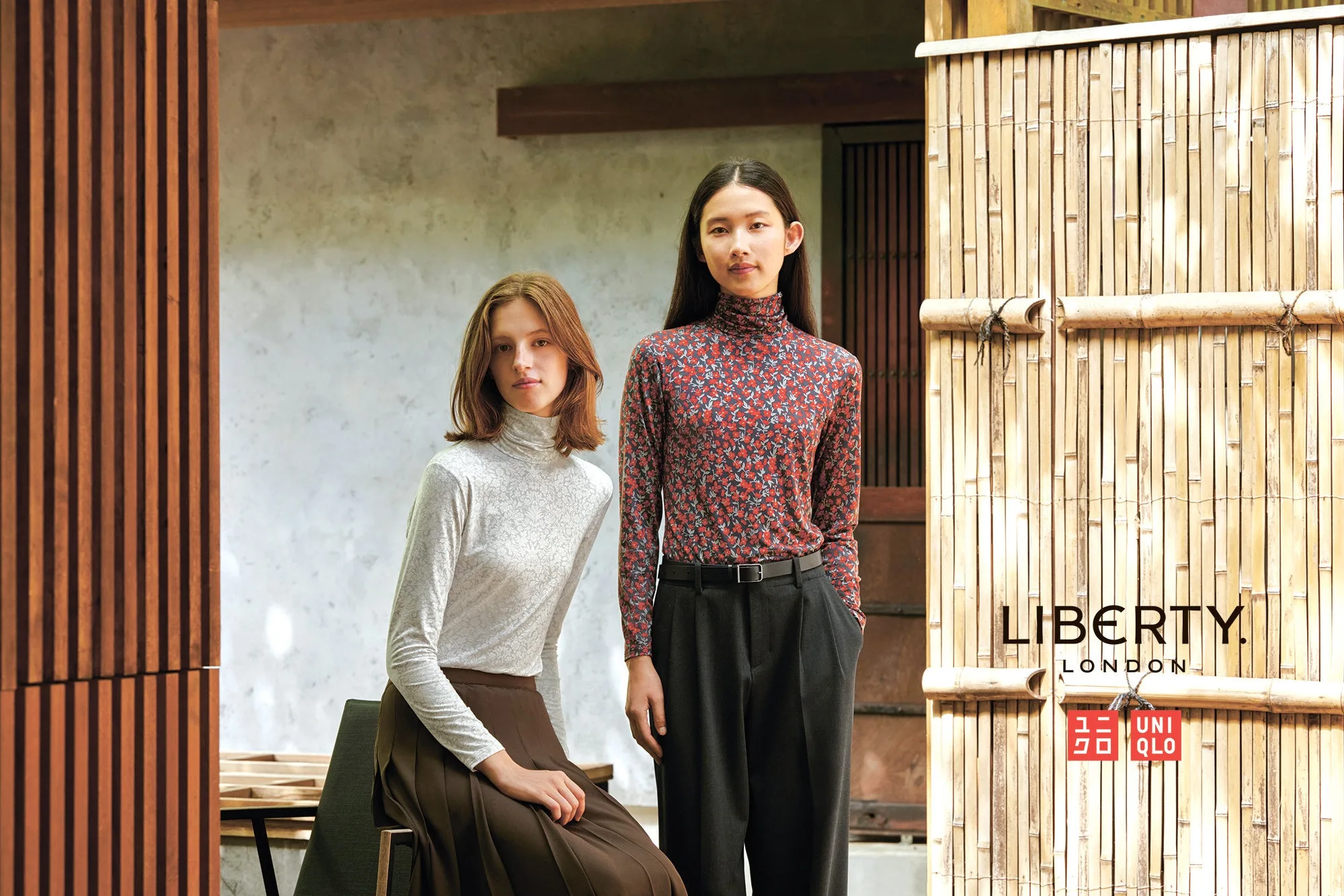 UNIQLO x Liberty London Kyoto in Bloom — two models wearing floral Heattech turtleneck Ts in a Kyoto-style bamboo and lattice setting