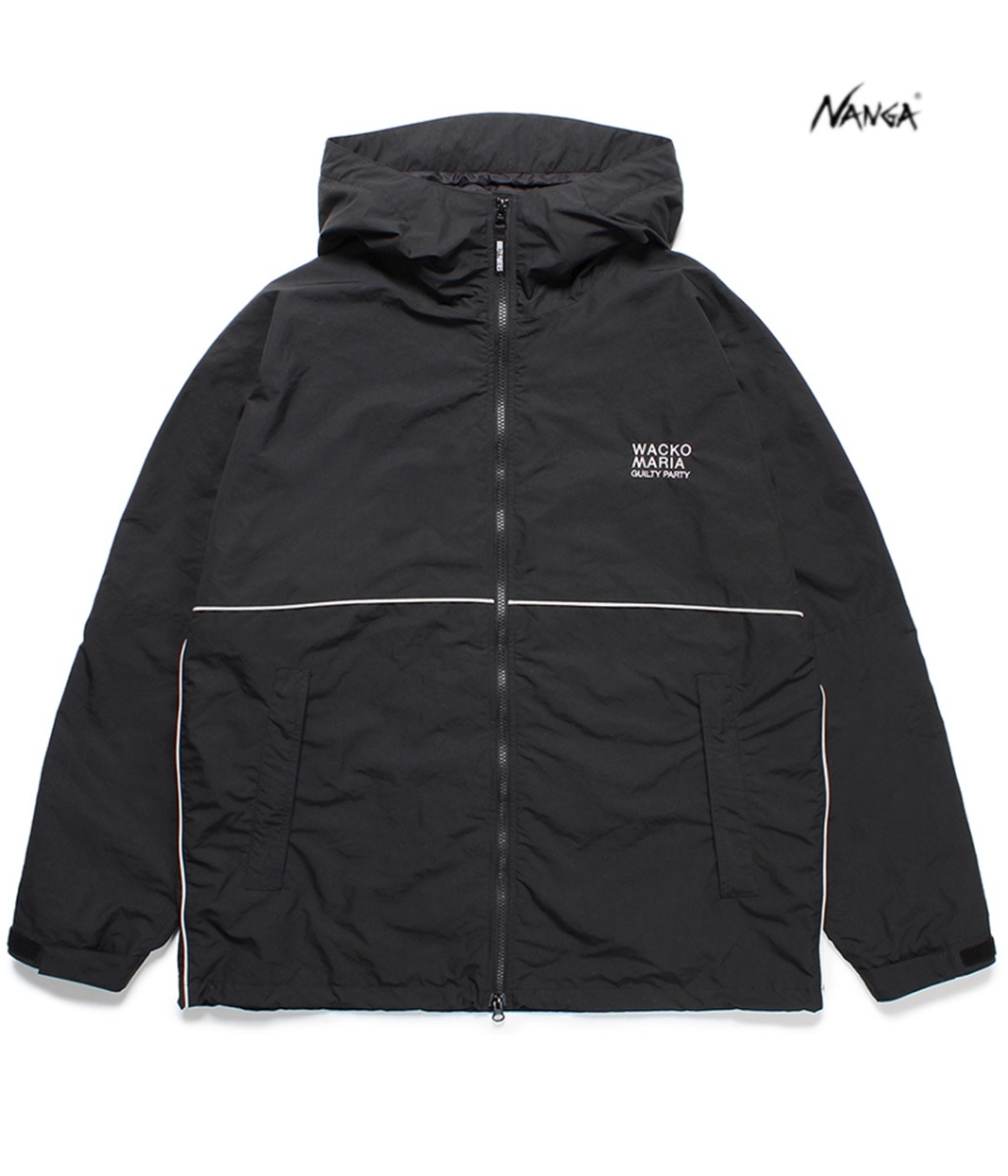 WACKO MARIA x NANGA mountain parka in black with WACKO MARIA chest logo and NANGA branding