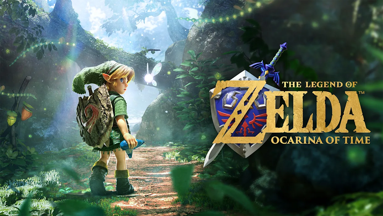 The Legend of Zelda Ocarina of Time Switch 2 key art — young Link in Kokiri Forest with Navi, beside the game logo